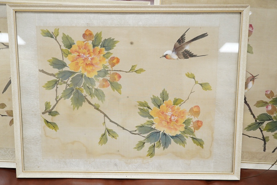 20th century, Chinese School, set of five watercolours on silk, Birds of Paradise amongst flowers, 28 x 33cm. Condition - fair